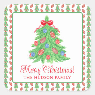 Watercolor Christmas Football Tree Gift Square Sticker