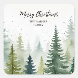 Watercolor Christmas Forest Trees Snowy Winter  Square Sticker