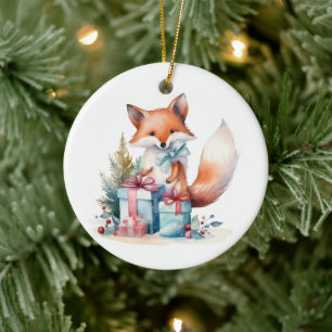 Watercolor Christmas Fox Ceramic Ornament