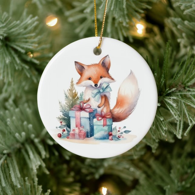 Watercolor Christmas Fox Ceramic Ornament (Tree)