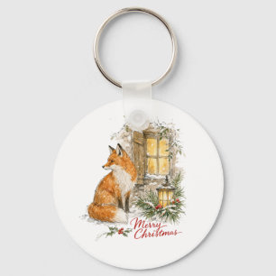 Watercolor Christmas Fox with Lantern Key Ring