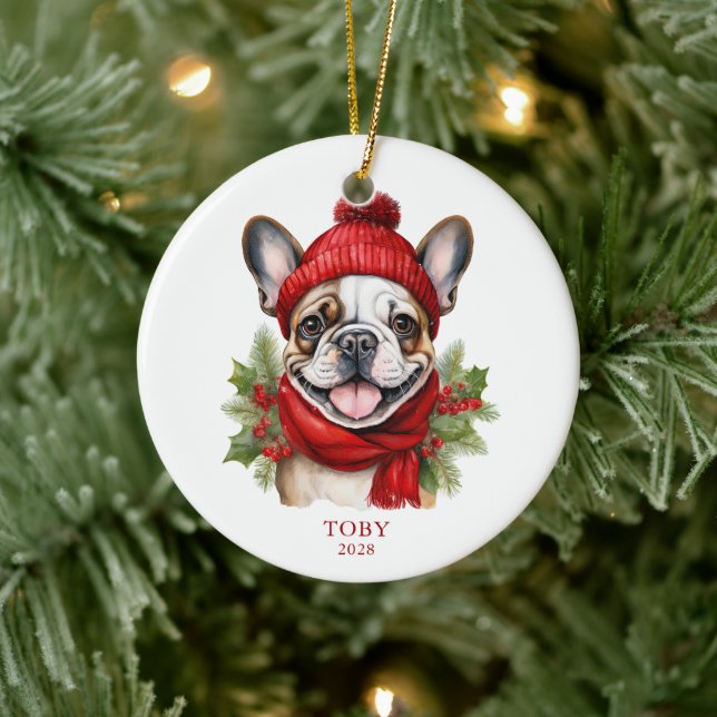 Watercolor Christmas French Bulldog Photo Ceramic Ornament (Tree)