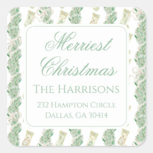 Watercolor Christmas Garland Bedford Stockings Square Sticker