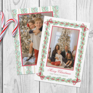 Watercolor Christmas Garland, Bows & Candy Photo Holiday Card