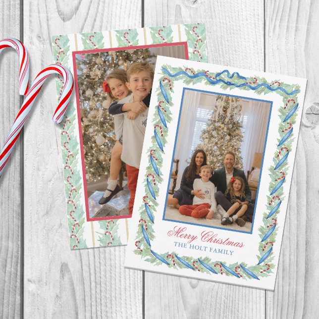 Watercolor Christmas Garland & Candy Canes Photo Holiday Card (Creator Uploaded)