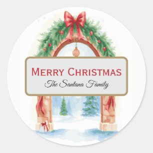 Watercolor Christmas Garland on Arch Personalized Classic Round Sticker