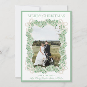 Watercolor Christmas Garland Stocking Five Photos Holiday Card