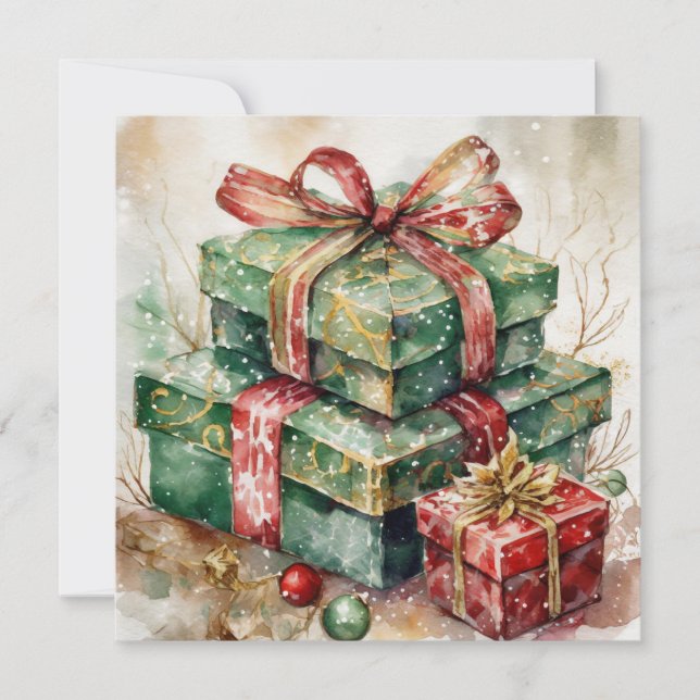 Watercolor Christmas Gift Boxes and Ornaments  Holiday Card (Front)