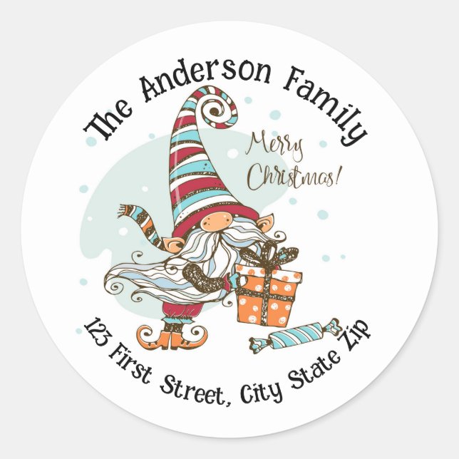 Watercolor Christmas Gnome Bearing Gifts  Classic Round Sticker (Front)