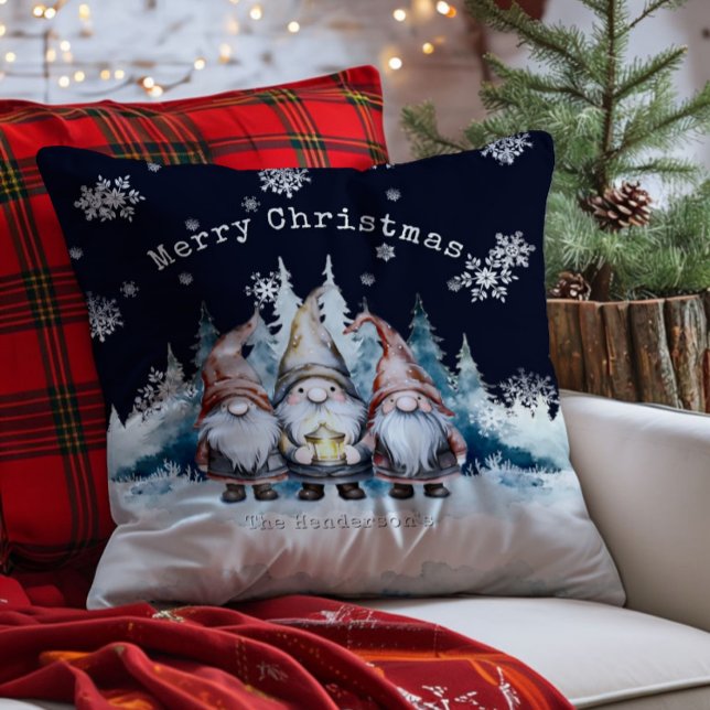 Watercolor Christmas Gnomes Personalised Cushion (Watercolor Christmas Gnomes Personalized Throw Pillow)