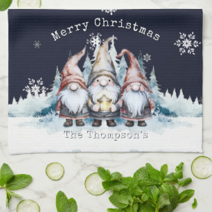 Watercolor Christmas Gnomes Personalised Tea Towel