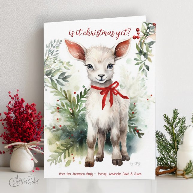 Watercolor Christmas Goat Baby Is it Christmas Yet Card (goat lover's Christmas Cards - baby goats in watercolor - 3rd in a series of 8  #zazzlemade)