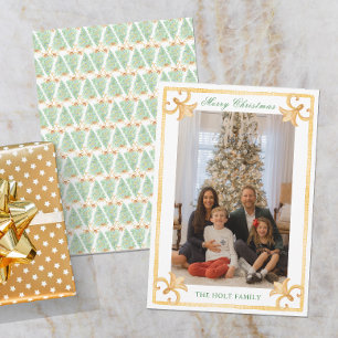 Watercolor Christmas Gold Grandmillennial Photo Holiday Card