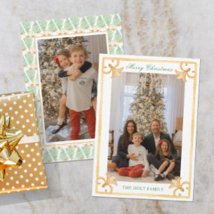 Watercolor Christmas Gold Grandmillennial Photo Holiday Card