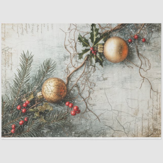 Watercolor Christmas gold ornament holly berry Tissue Paper (Front)