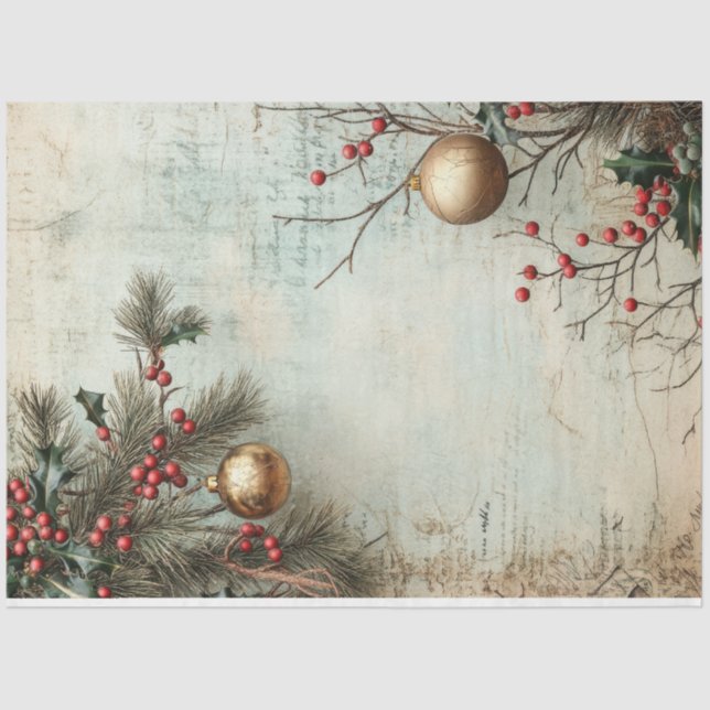 Watercolor Christmas gold ornament holly berry Tissue Paper (Front)