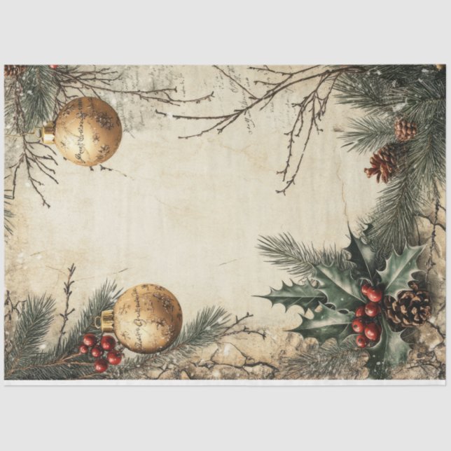 Watercolor Christmas gold ornament holly berry Tissue Paper (Front)