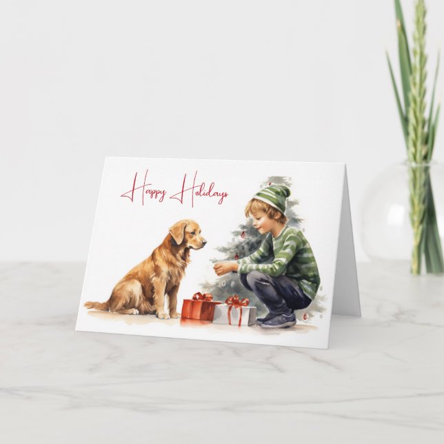 Watercolor Christmas Golden Retriever With Boy Card (Front)