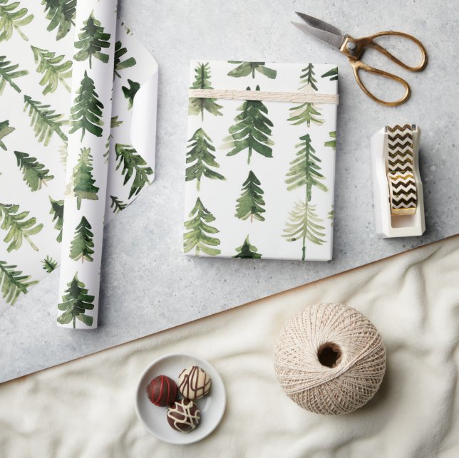 Watercolor Christmas Green Pine Tree Wrapping Paper (Crafts)