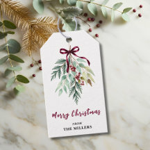Watercolor Christmas Greenery Burgundy Ribbon