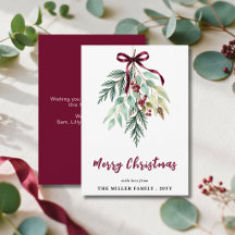 Watercolor Christmas Greenery Burgundy Ribbon