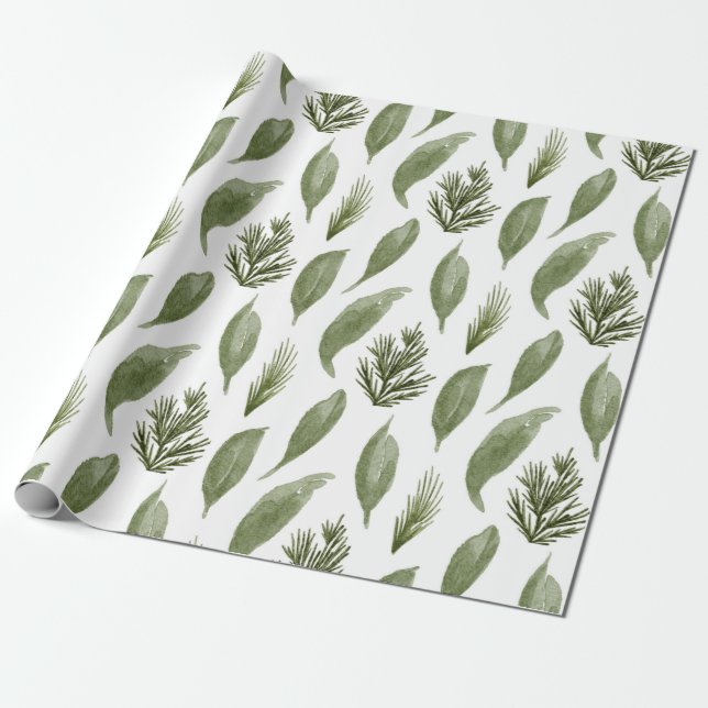 Watercolor Christmas greenery foliage and pine Wrapping Paper (Unrolled)