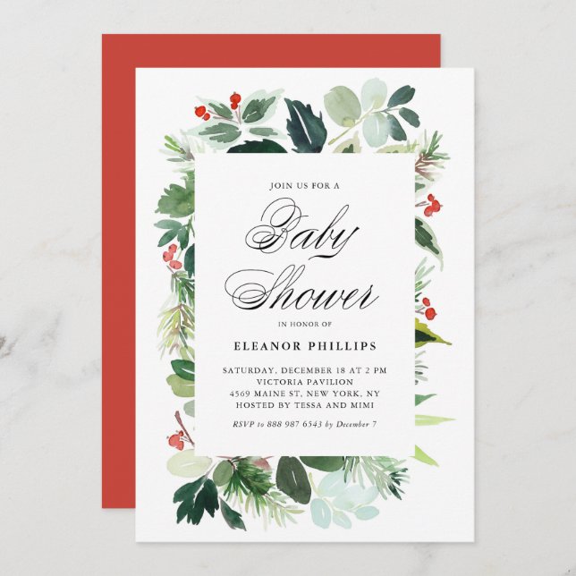 Watercolor Christmas Greenery Frame Baby Shower Invitation (Front/Back)