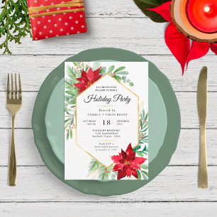 Watercolor Christmas Greenery + Gold Holiday Party Invitation