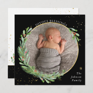 Watercolor Christmas Greenery Joyous Blessings Holiday Card