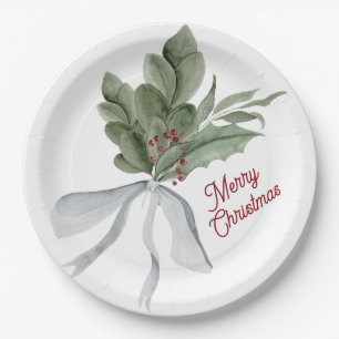 Watercolor Christmas Greenery Paper Plate