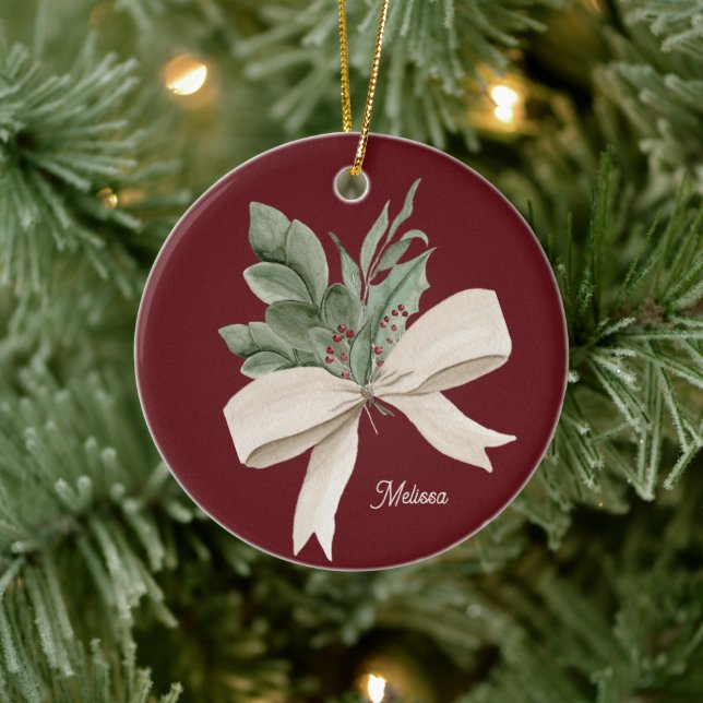 Watercolor Christmas Greenery Personalised Ceramic Ornament (Tree)