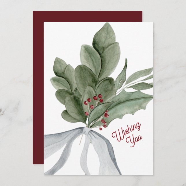 Watercolor Christmas Greenery Personalised Holiday Card (Front/Back)