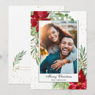 Watercolor Christmas Greenery Poinsettia Holiday Card
