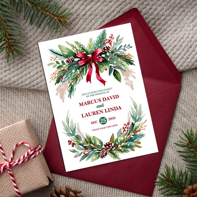 Watercolor Christmas Greenery Wedding Invitation (Creator Uploaded)