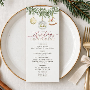 Watercolor Christmas Hanging Baubles Dinner Menu