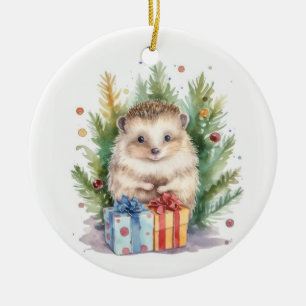 Watercolor Christmas Hedgehog Ceramic Ornament