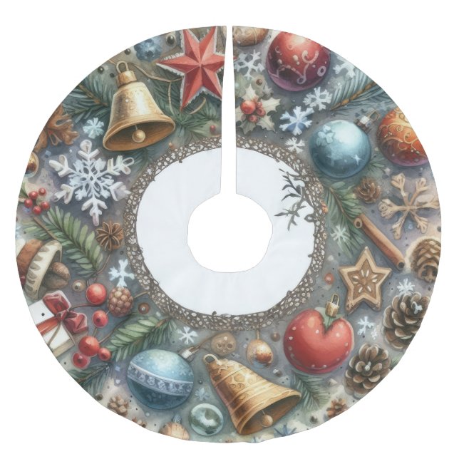 Watercolor Christmas Holiday Motifs Brushed Polyester Tree Skirt (Front)