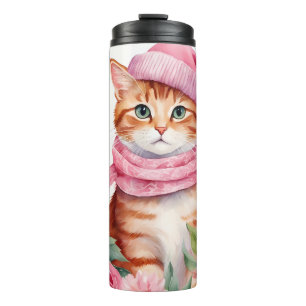 WATERCOLOR CHRISTMAS HOLIDAY ORANGE TABBY KITTEN THERMAL TUMBLER