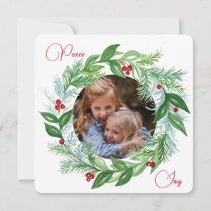 Watercolor Christmas Holiday PHOTO Wreath Peace Card