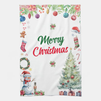 Watercolor Christmas Holiday  Tea Towel