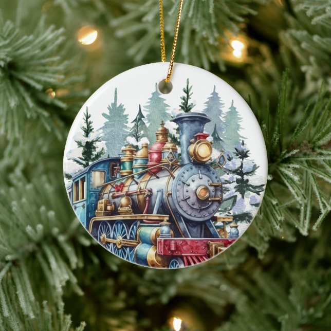 watercolor Christmas Holiday train add message  Ceramic Ornament (Tree)