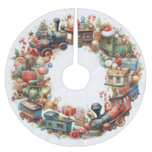 Watercolor Christmas Holiday Whimsical Trains Brushed Polyester Tree Skirt