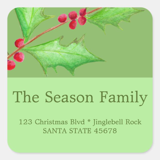 watercolor Christmas holly address Square Sticker (Front)