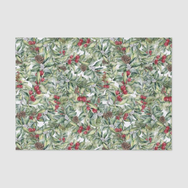 Watercolor Christmas Holly and Mistletoe Print Tissue Paper (Front)