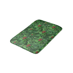Watercolor Christmas Holly Berries Bath Mat