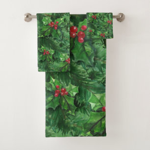 Watercolor Christmas Holly Berries Bath Towel Set