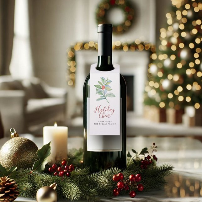 Watercolor Christmas Holly & Berries Bottle Tag (Christmas wine gift tags watercolor art by Victoria Grigaliunas of Do Tell A Belle)