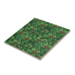Watercolor Christmas Holly Berries Ceramic Tile