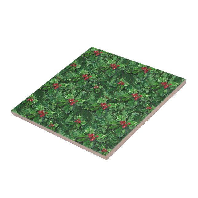 Watercolor Christmas Holly Berries Ceramic Tile (Side)