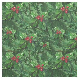 Watercolor Christmas Holly Berries Fabric